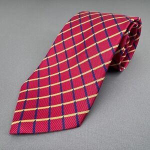Brooks Brothers Mens Red Navy Yellow Grid Silk Tie Stain Resistant Made in USA